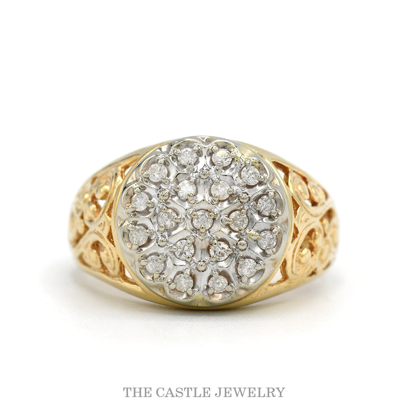 10k yellow gold men's Kentucky Cluster ring with domed round brilliant diamond cluster and open filigree scrollwork shoulders — top view