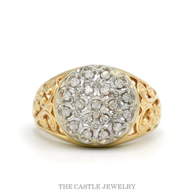 10k yellow gold men's Kentucky Cluster ring with domed round brilliant diamond cluster and open filigree scrollwork shoulders — top view
