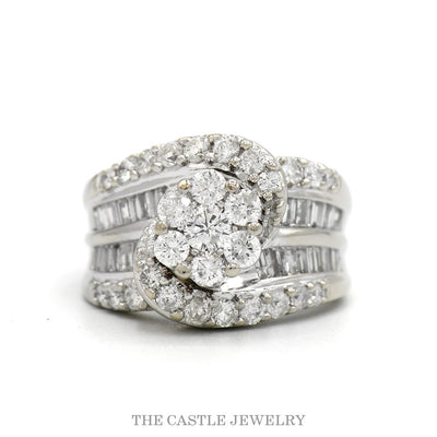 2cttw Round Diamond Cluster Bridal Ring with Swirled Diamond Accented Sides in 14k White Gold