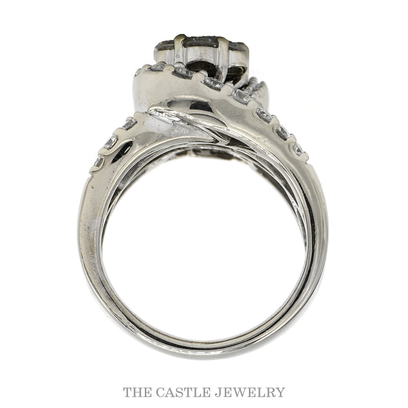 2cttw Round Diamond Cluster Bridal Ring with Swirled Diamond Accented Sides in 14k White Gold