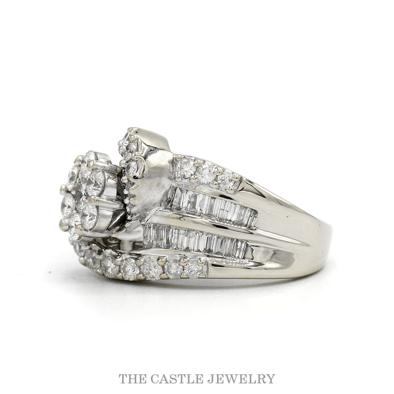 2cttw Round Diamond Cluster Bridal Ring with Swirled Diamond Accented Sides in 14k White Gold