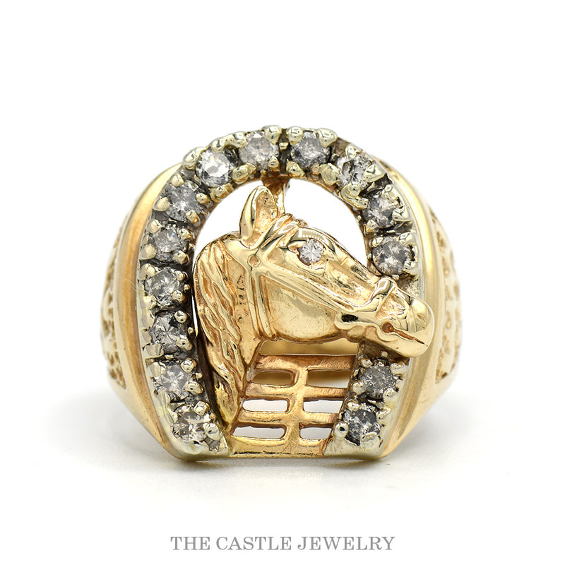 3/4cttw Diamond Encrusted Horseshoe Ring with Horse Head and Textured Sides in 14k Yellow Gold