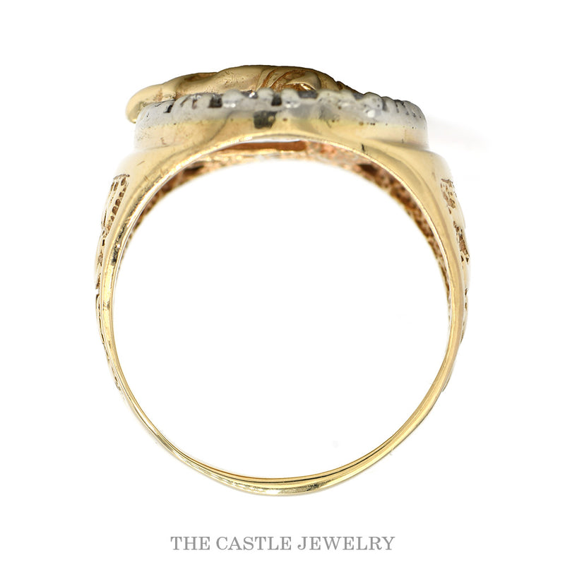 3/4cttw Diamond Encrusted Horseshoe Ring with Horse Head and Textured Sides in 14k Yellow Gold