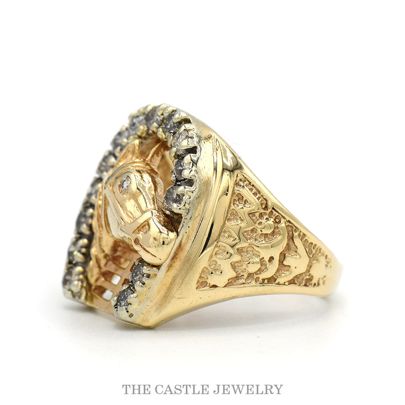 3/4cttw Diamond Encrusted Horseshoe Ring with Horse Head and Textured Sides in 14k Yellow Gold