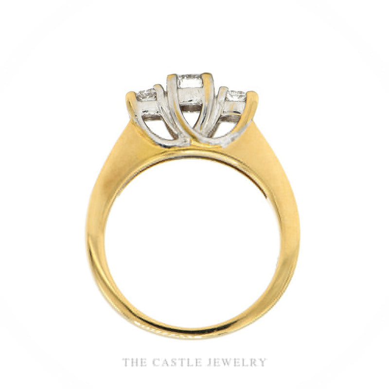 Front-facing view of the 18k yellow gold 3-stone diamond ring with channel-set shoulders