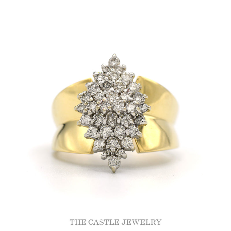 14k yellow gold marquise shaped round diamond cluster ring — top view