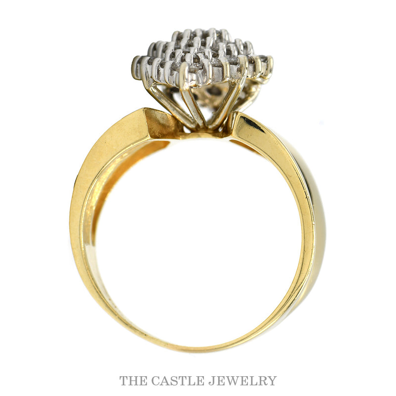 Front-facing view of the marquise shaped round diamond cluster ring in 14k yellow gold