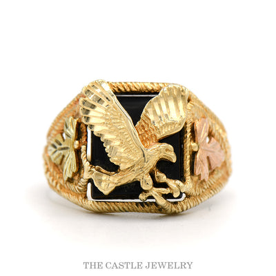 10k Black Hills Gold eagle ring with black onyx — top view