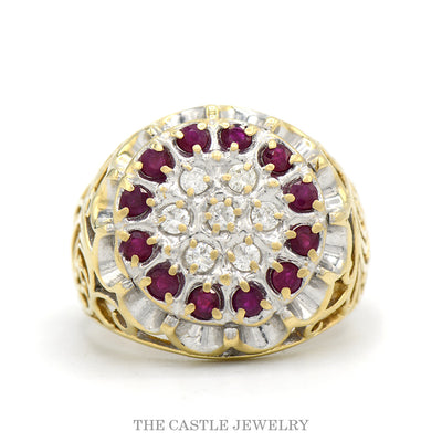 10k two-tone gold men's ruby and diamond Kentucky cluster ring — top view