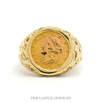 14k yellow gold men's Liberty Head coin ring — top view