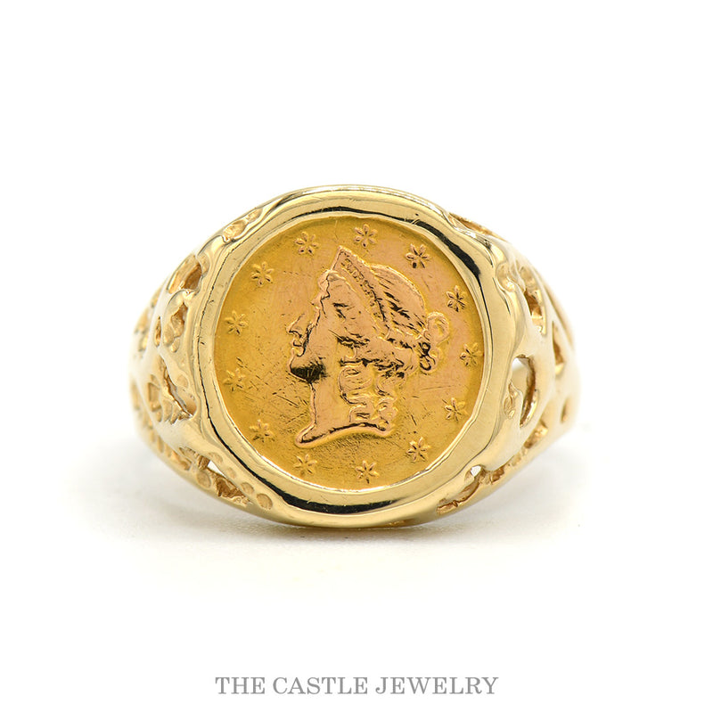 14k yellow gold men's Liberty Head coin ring — top view