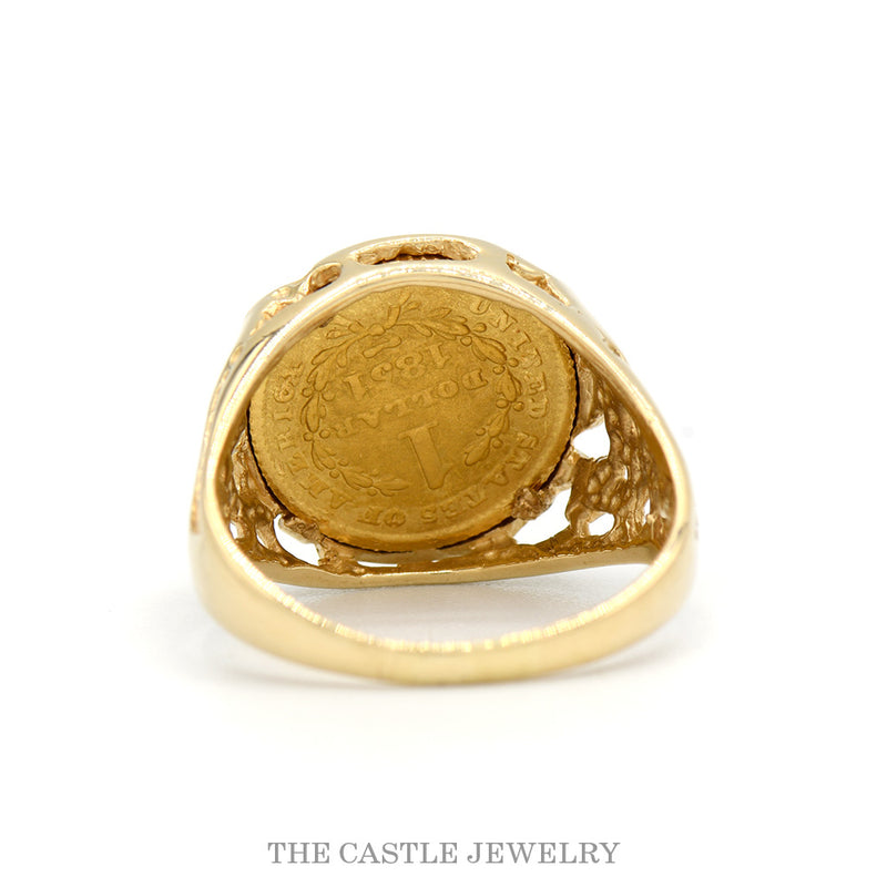 Front-facing view of the 14k yellow gold Liberty coin ring