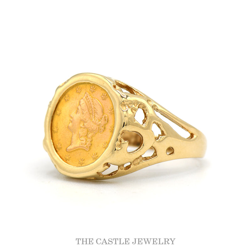 Side profile of the 14k yellow gold coin ring with nugget shoulders