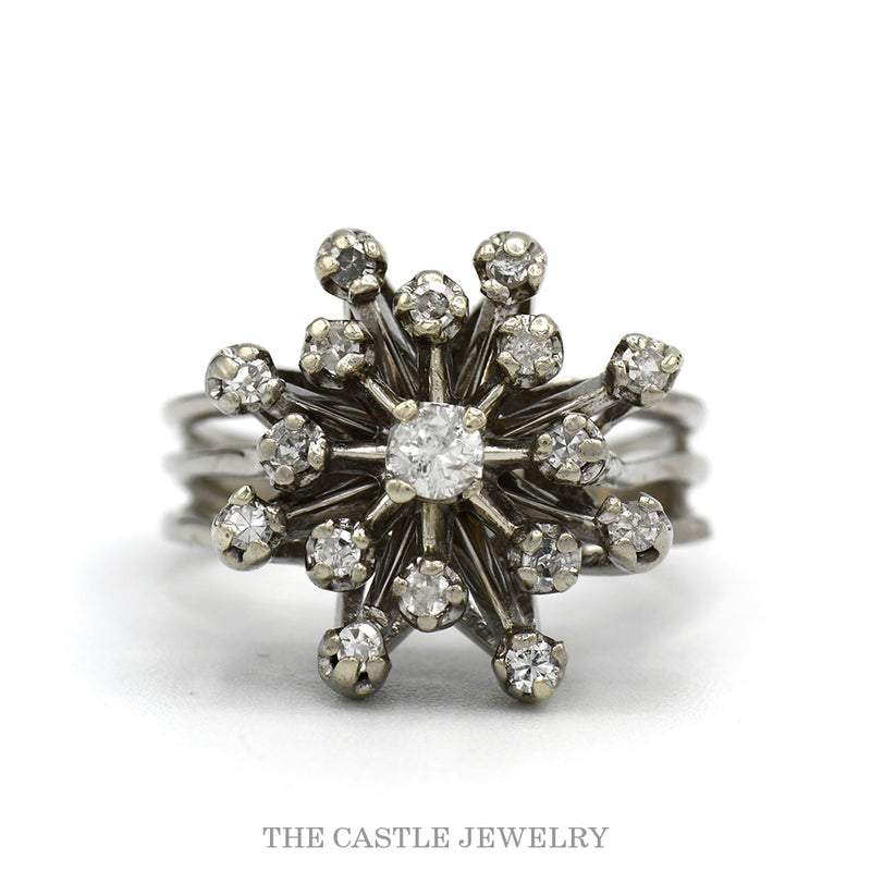 14k white gold diamond snowflake Sputnik cluster ring — top view