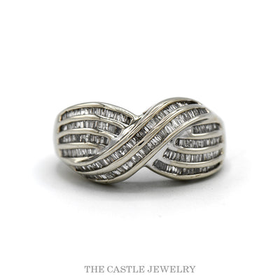 10k white gold channel-set baguette diamond crossover band — top view