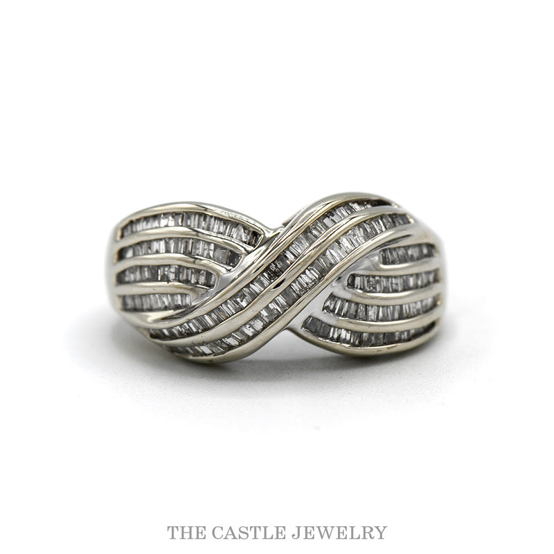 10k white gold channel-set baguette diamond crossover band — top view