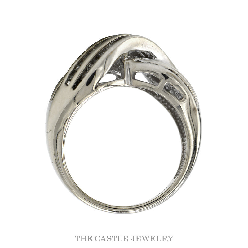 Front-facing view of the multi-row channel-set baguette diamond band in 10k white gold