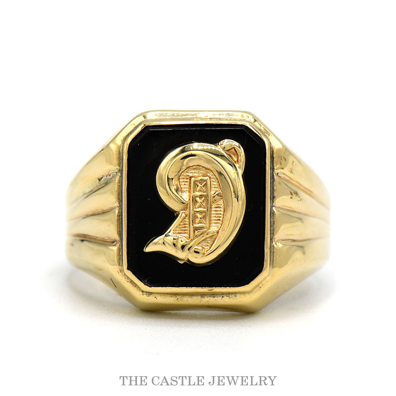 10k yellow gold black onyx initial D ring — top view
