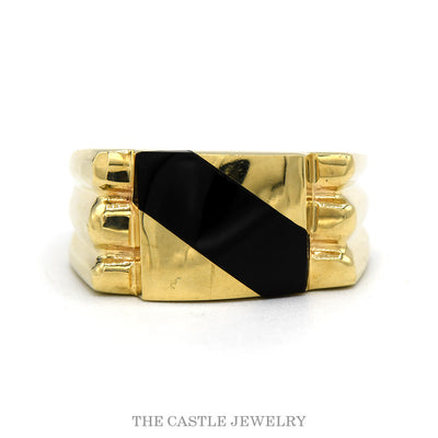 14k yellow gold men's diagonal black onyx inlay ring — top view