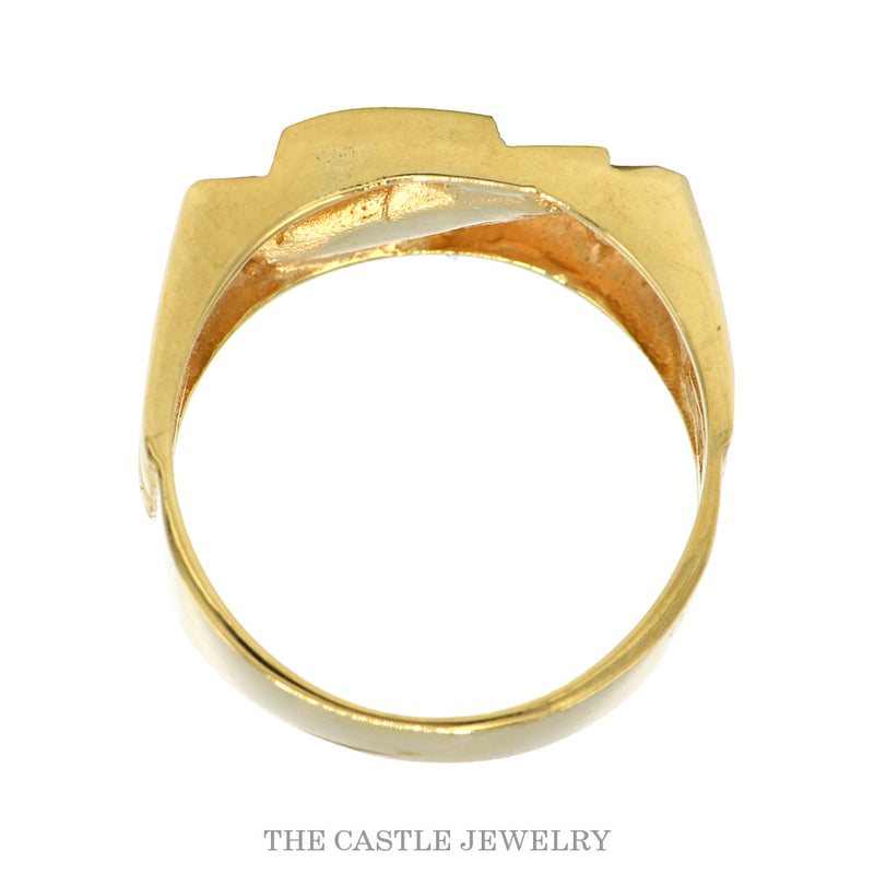 Front-facing view of the 14k yellow gold men's onyx ring