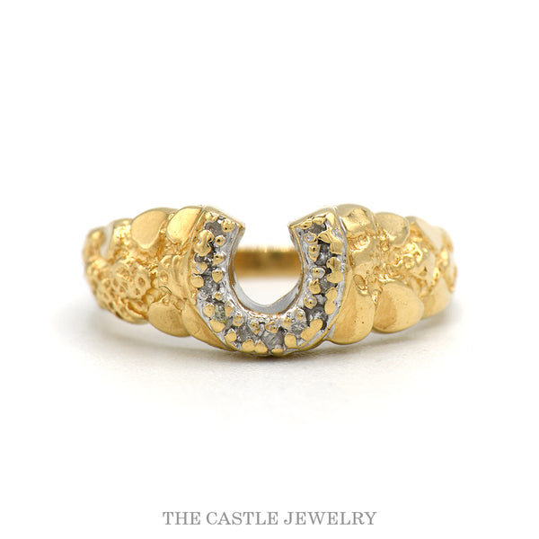 10k yellow gold diamond horseshoe ring with nugget sides — top view