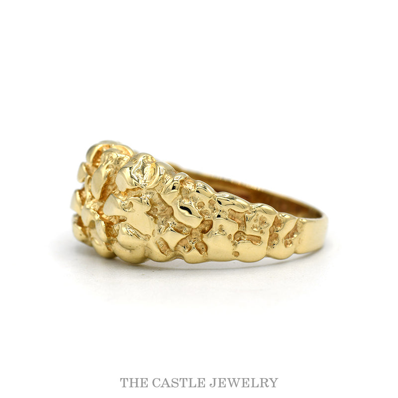 Side profile of the 10k yellow gold nugget textured men's ring showing the domed profile