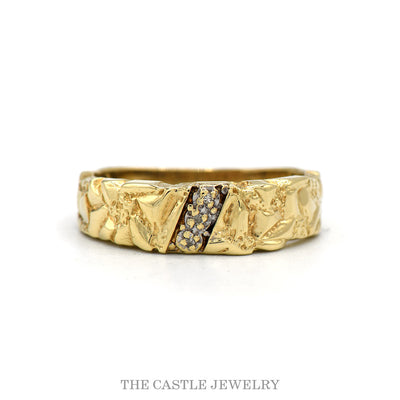 10k yellow gold nugget band with diagonal illusion-set diamond row — top view