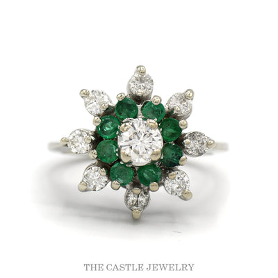 .75cttw diamond and emerald starburst ring with .35ct center in 14k white gold — top view