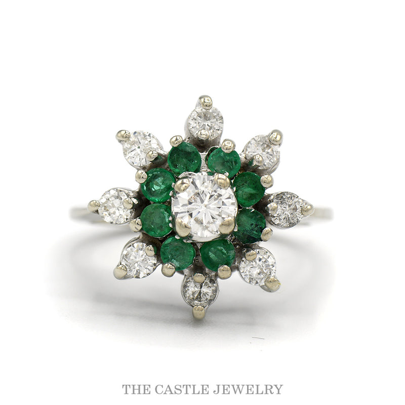 .75cttw diamond and emerald starburst ring with .35ct center in 14k white gold — top view