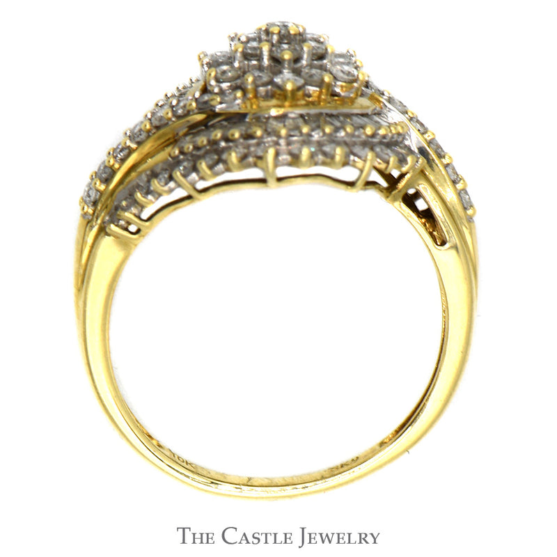 3/4cttw Flower Cluster Ring with Baguette and Round Diamond Accents in 10k Yellow Gold