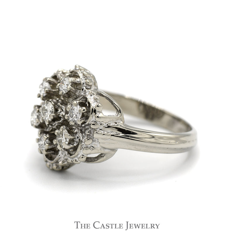 7 Diamond Cluster Ring with Open Beaded Design in 14k White Gold