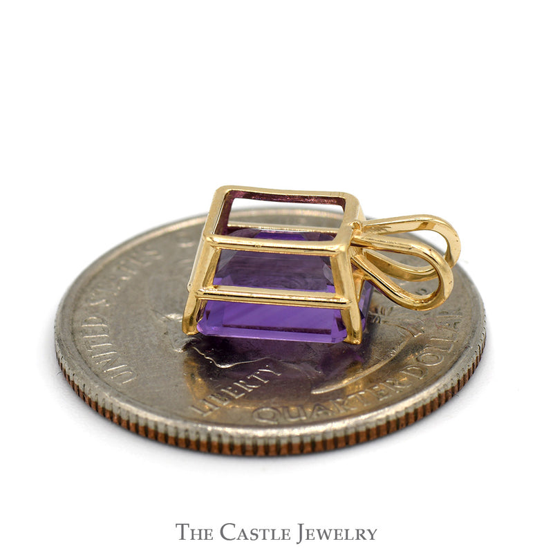 Emerald Cut Amethyst Pendant in 10k Yellow Gold Basket Mounting