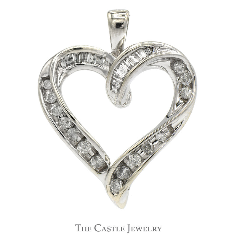 Open Heart Shaped Pendant with Baguette and Round Channel Set Diamonds in 10k White Gold