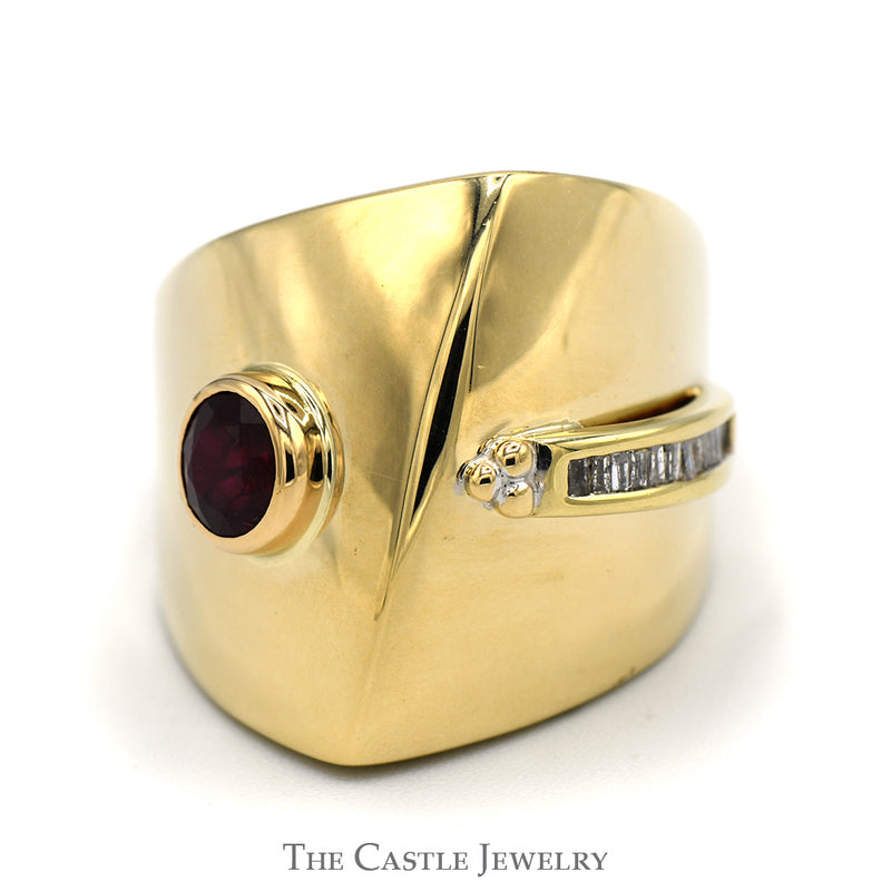 Ruby Dome Ring with Baguette Diamond Accents in V Shaped 14k Yellow Gold Mounting
