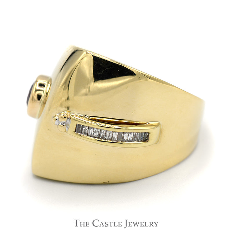 Ruby Dome Ring with Baguette Diamond Accents in V Shaped 14k Yellow Gold Mounting
