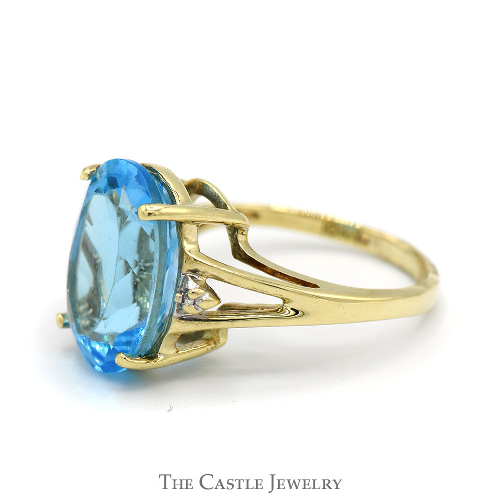 10k Yellow Gold Oval Blue Topaz & Diamond Ring - 8x6 Mm Genuine Stone, Size 10, Gift Box Included