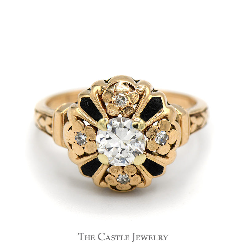 Antique Style Diamond Solitaire Ring with Diamond and Black Inlays in 14k Yellow Gold