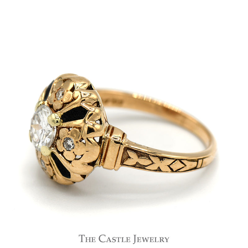 Antique Style Diamond Solitaire Ring with Diamond and Black Inlays in 14k Yellow Gold