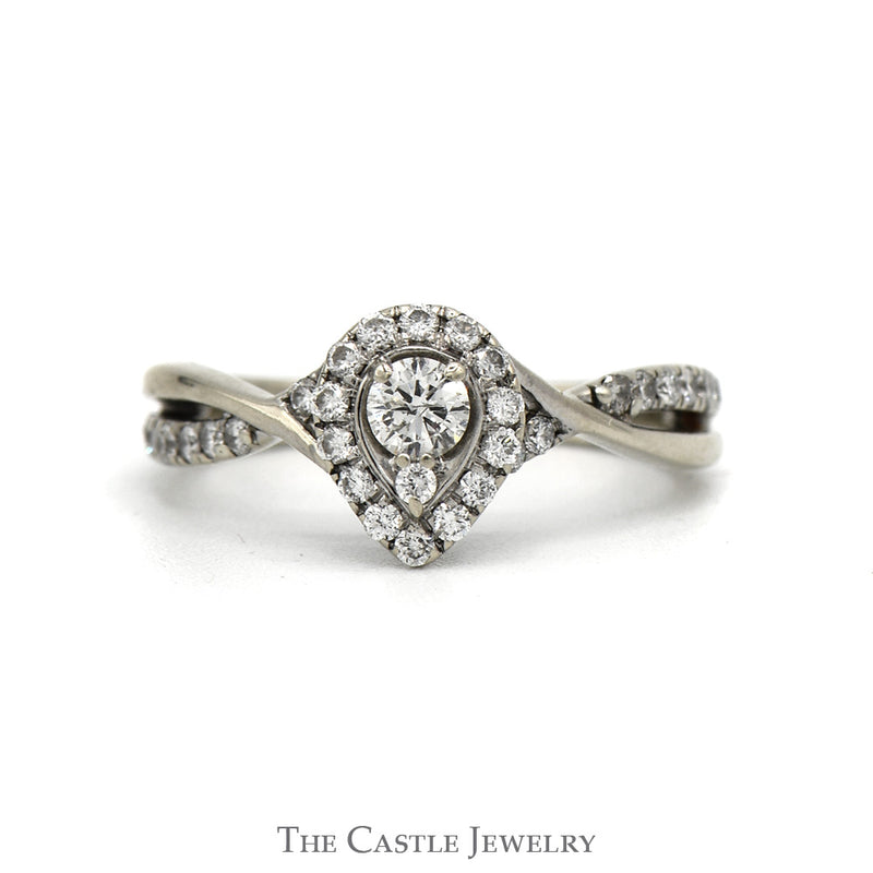 Pear Shape Diamond Engagement Ring With Round Brilliant Cut Diamond Halo And Sides .50CTTW In 14KT White Gold