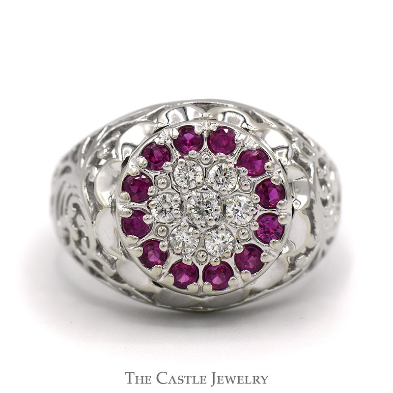 Ruby & Diamond Kentucky Cluster Ring with Open Filigree Sides in 10k White Gold