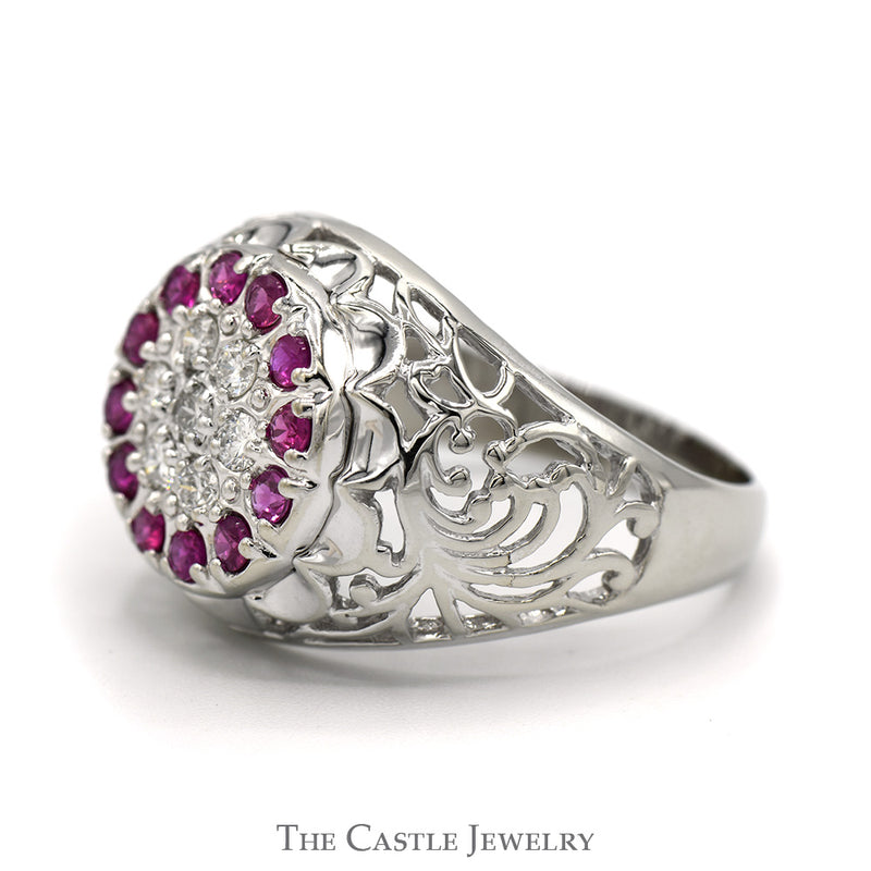 Ruby & Diamond Kentucky Cluster Ring with Open Filigree Sides in 10k White Gold