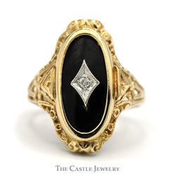 Elongated Oval Black Onyx Shield Ring with Diamond Accent in 10k Yellow Gold