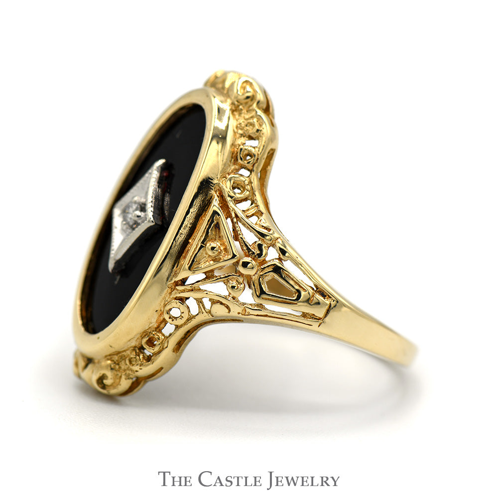 Elongated Oval Black Onyx Shield Ring with Diamond Accent in 10k Yellow Gold