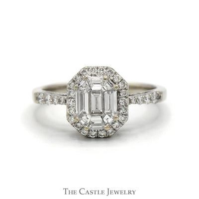 1cttw Baguette Diamond Cluster Engagement Ring with Diamond Halo & Accented Sides in 14k White Gold
