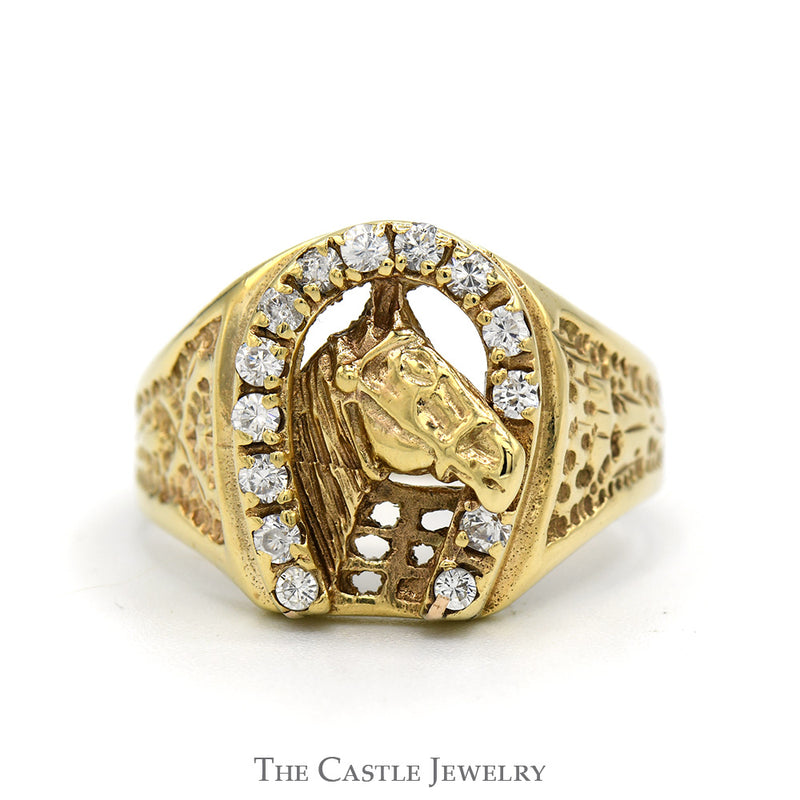 Men's Horseshoe Ring with Horse Head Center and Cubic Zirconia Accents in 10k Yellow Gold