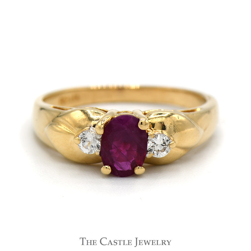 Oval Cut Ruby Ring with White Sapphire Accented Sides in 14k Yellow Gold