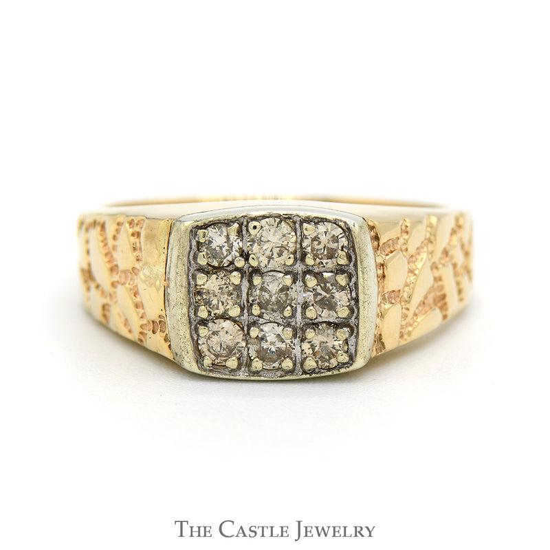 Square Shaped 1/2cttw Diamond Cluster Ring with Textured Nugget Sides in 10k Yellow Gold