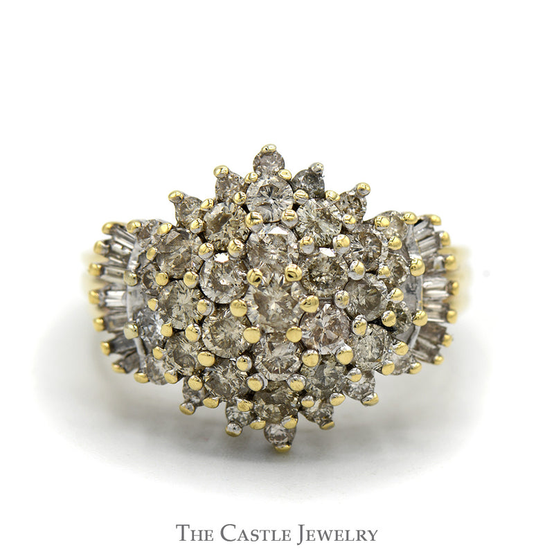 1.75cttw Large Diamond Cluster Ring with Round and Baguette Diamonds in 10k Yellow Gold