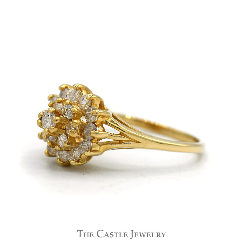 Round Shaped 3/4cttw Diamond Cluster Ring with Split Shank Sides in 14k Yellow Gold