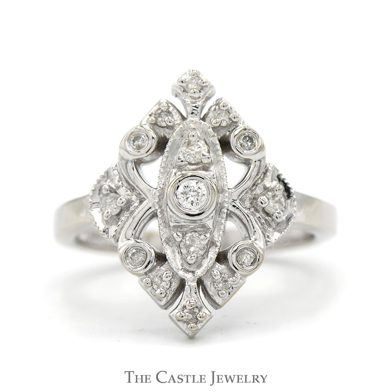 Antique Style 1/4cttw Diamond Cluster Shield Ring in 10k White Gold